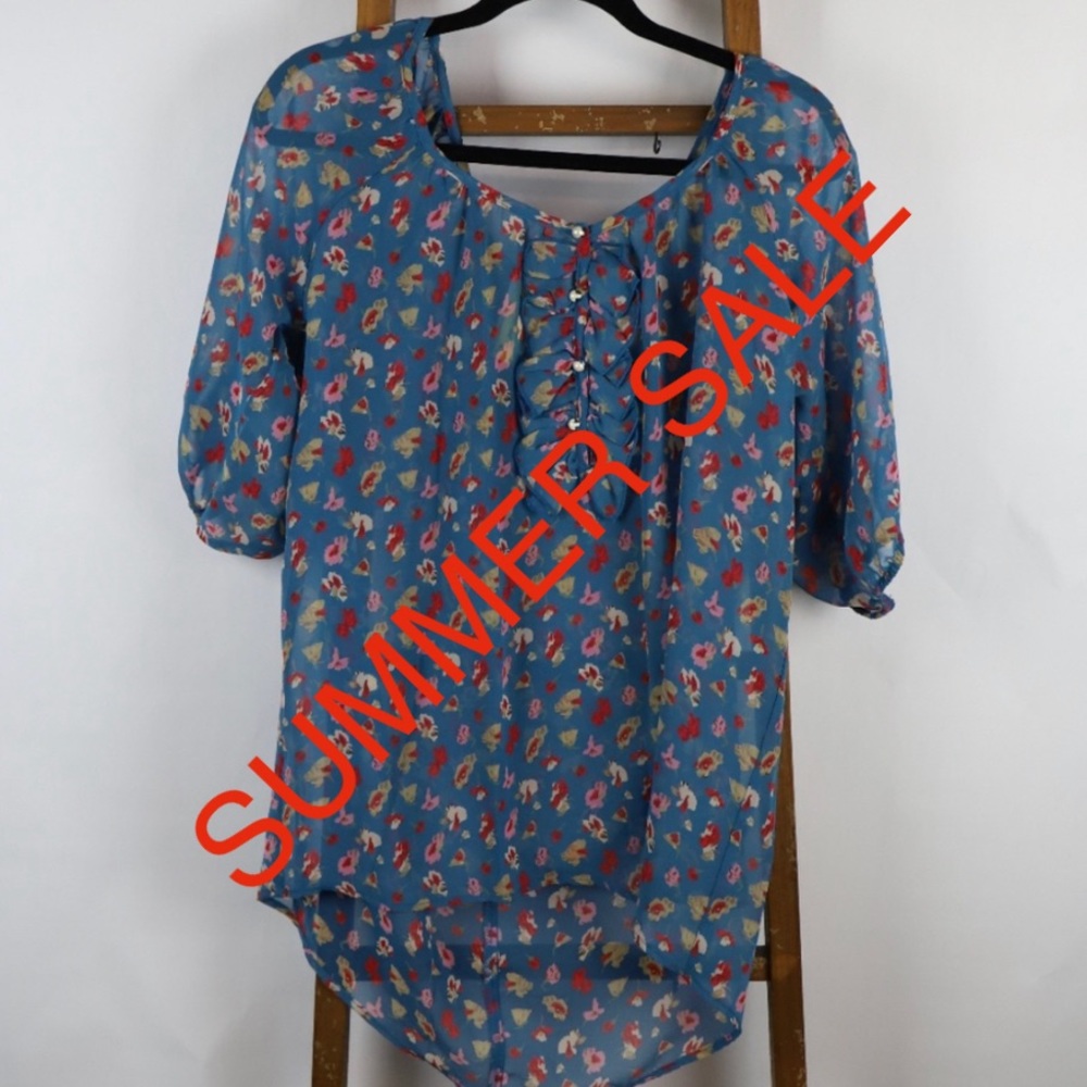 Blue Sheer 3/4 Sleeve Top w/ Flowers